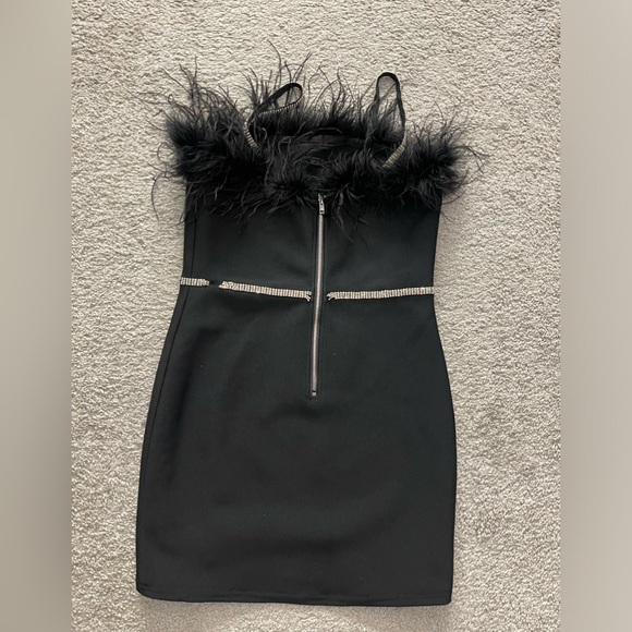 Fashion Nova Black Bandage Dress with fur & rhinestone embellishment - Picture 6 of 7